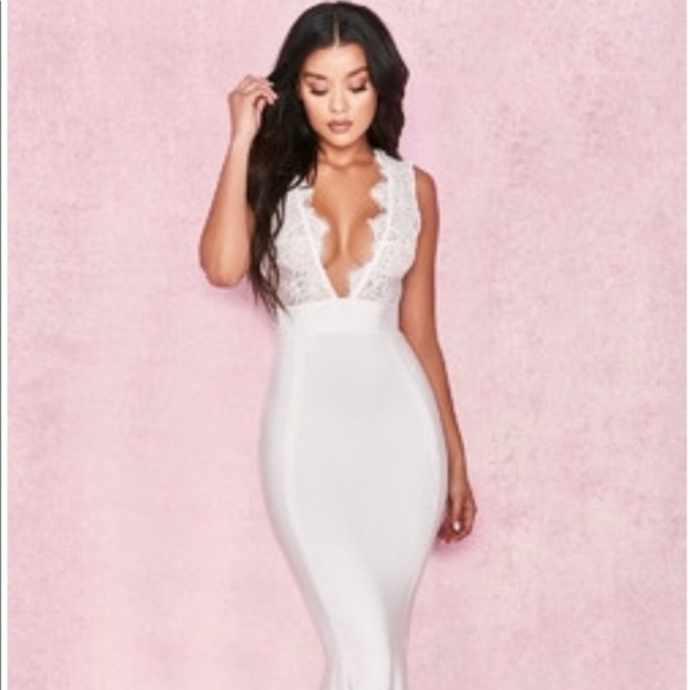 House Cb London Ria White Lace Bandage Deep V Neck Dress